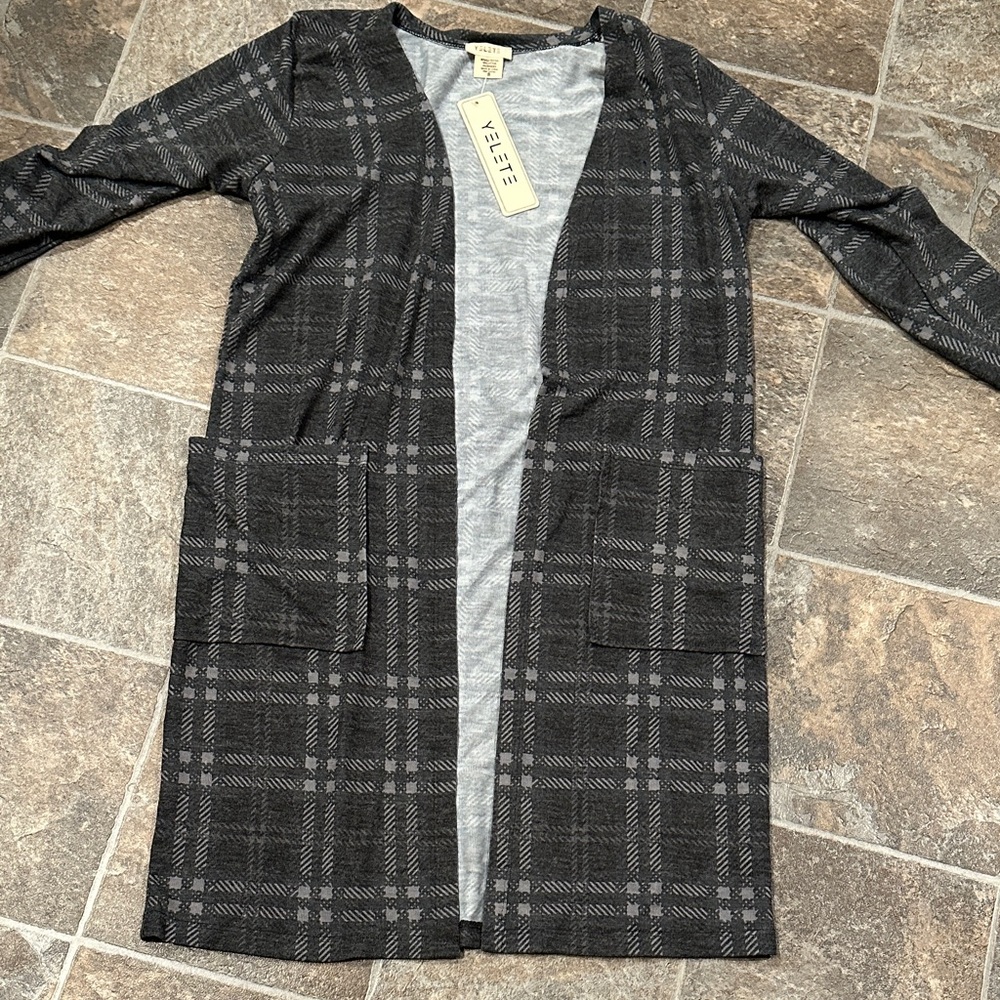 Yelete Charcoal Plaid Open Cardigan